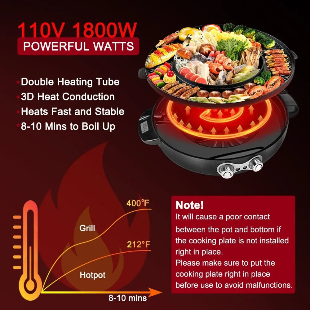 DUO Electric Smokeless Grill and Hot Pot, With Separable Cooking Plate, Deluxe Combo of 1 Recipe Book